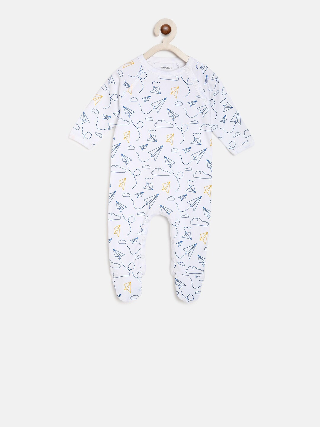 Berrytree Infants White & Blue Organic Cotton Paper Planes Printed Sustainable Sleepsuit