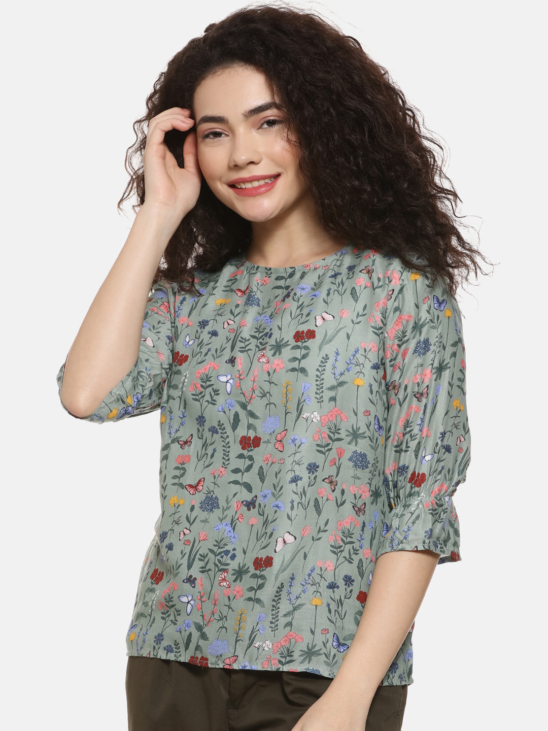 Campus Sutra Grey Floral Cuffed Sleeve Top