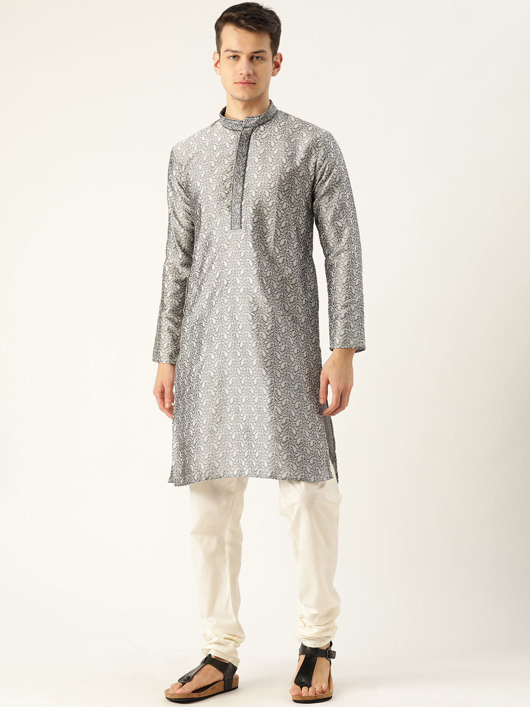 SOJANYA Men Charcoal Grey & Off-White Paisley Embroidered Kurta with Solid Churidar