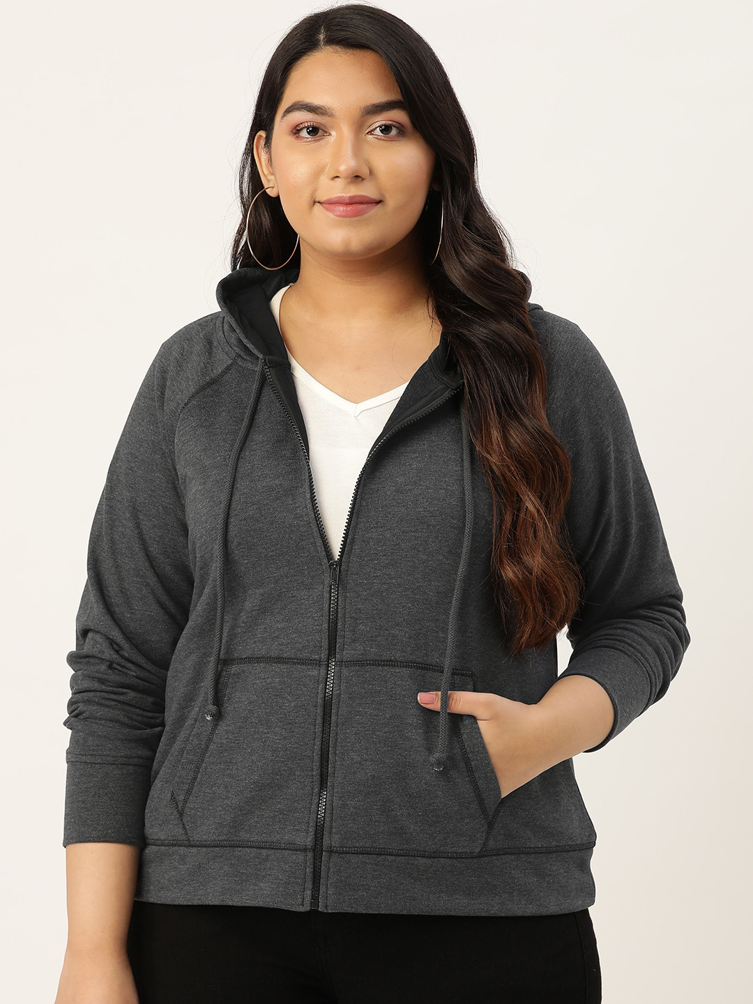 Rute Women Charcoal Grey Solid Hooded Plus Size Sweatshirt