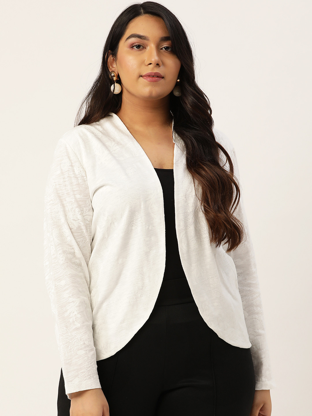 Rute Women White Self Design Plus Size Open Front Shrug