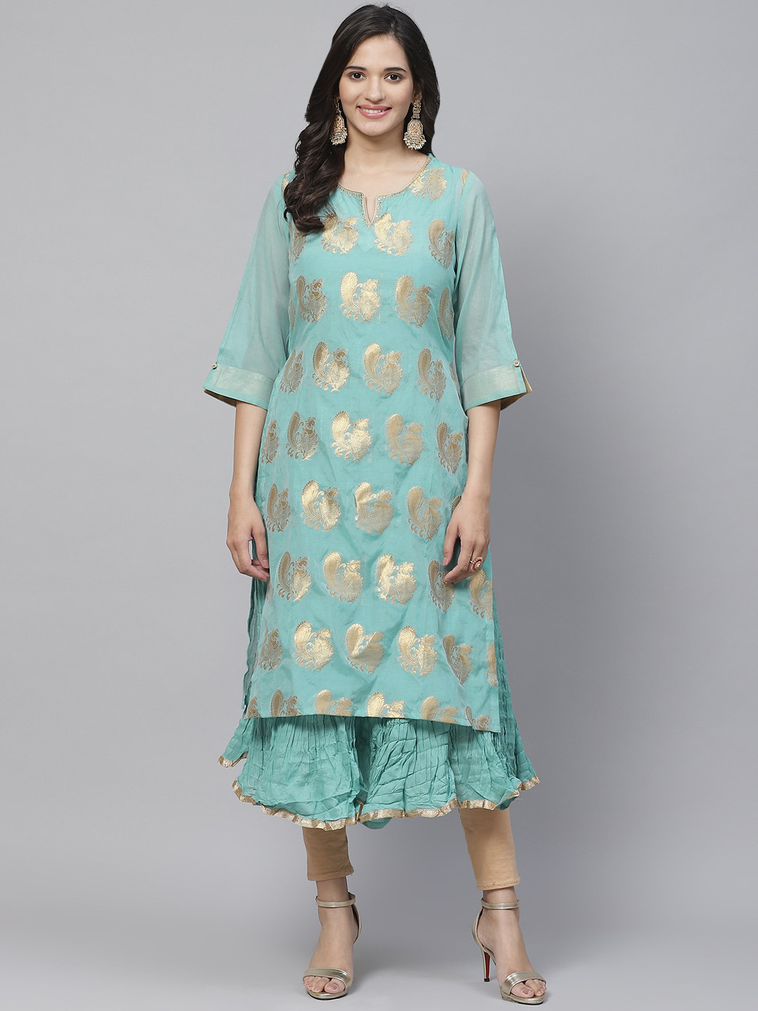 Biba Women Blue & Golden Printed A-Line Layered Kurta