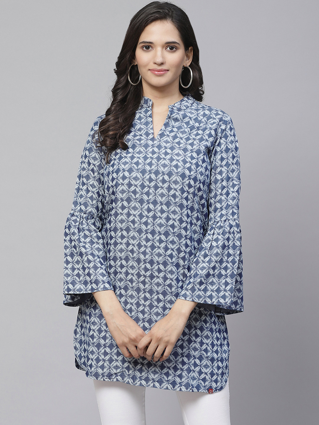 Biba Women Blue & Grey Printed Straight Kurta