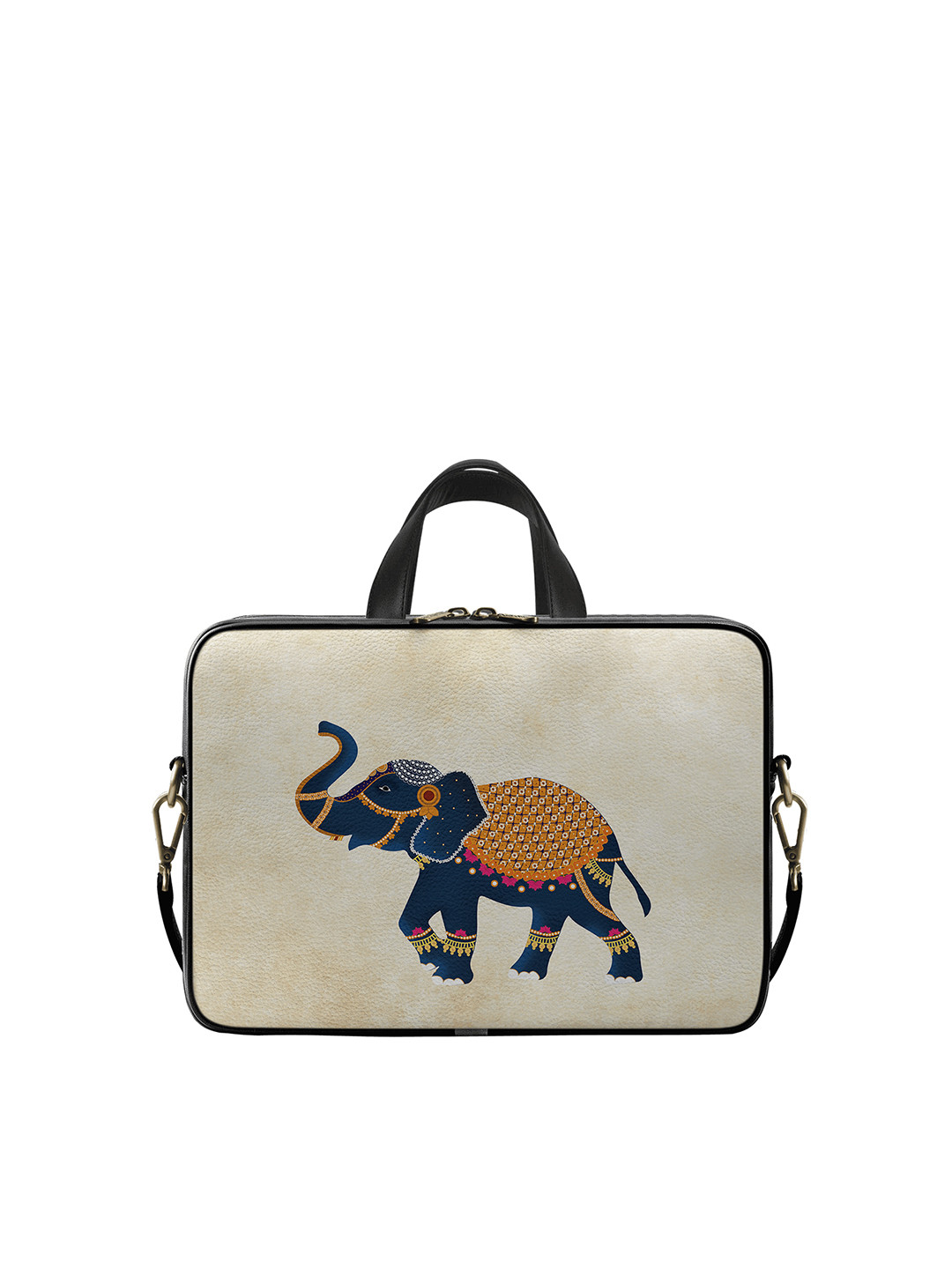 DailyObjects Unisex Off-White & Blue Printed 14 Inches Elephant City Compact Laptop Bag