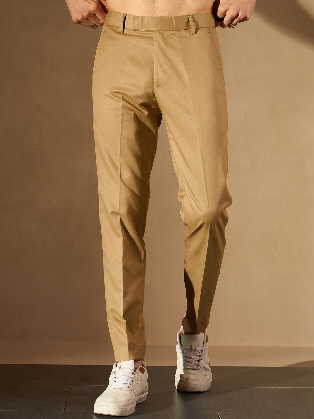 DENNISON Men Beige Smart Tapered Fit Cropped Trousers