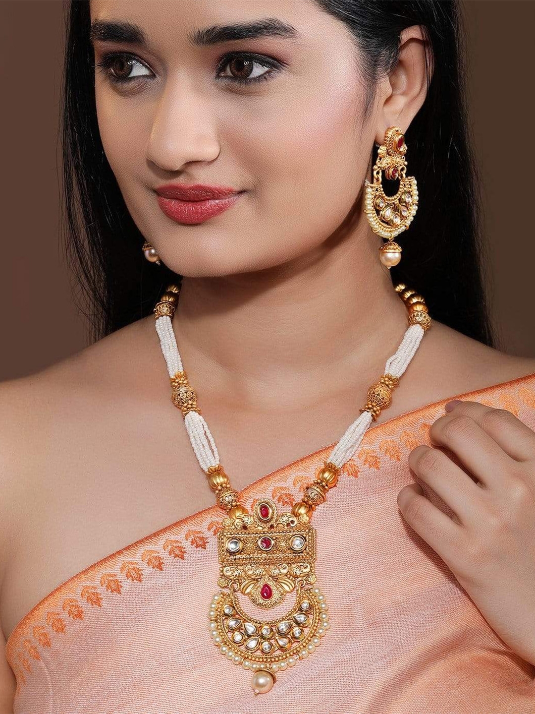 Rubans Woman Gold Plated Royal Pendant White Beaded Handcrafted Traditional Necklace Set (Onesize) by Myntra