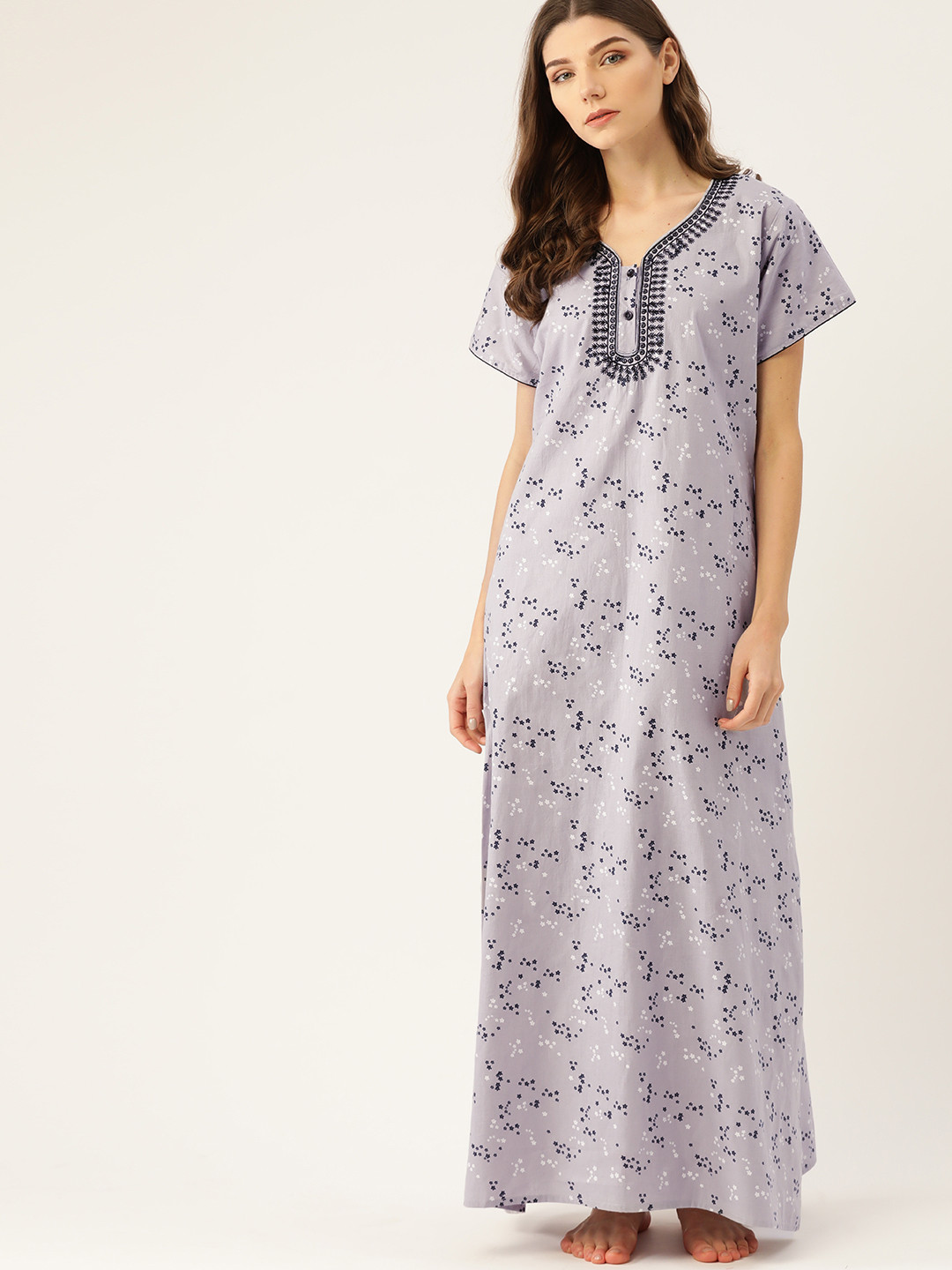 ETC Grey & Navy Blue Printed Nightdress