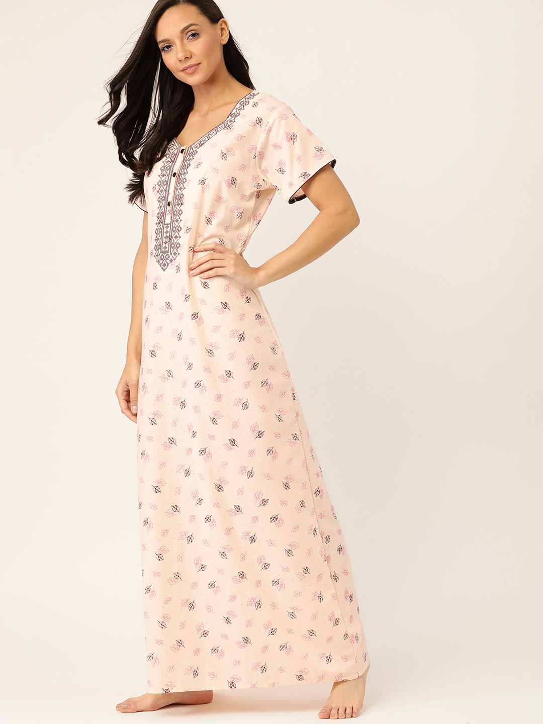 ETC Peach-Coloured & Burgundy Printed Nightdress