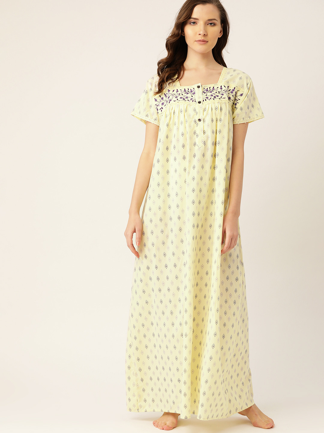 ETC Yellow & Navy Blue Printed Nightdress