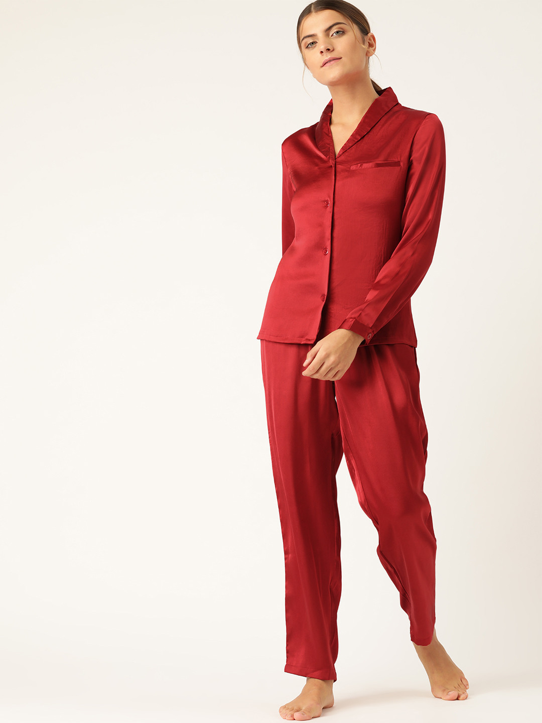 ETC Women Maroon Solid Pyjama Set