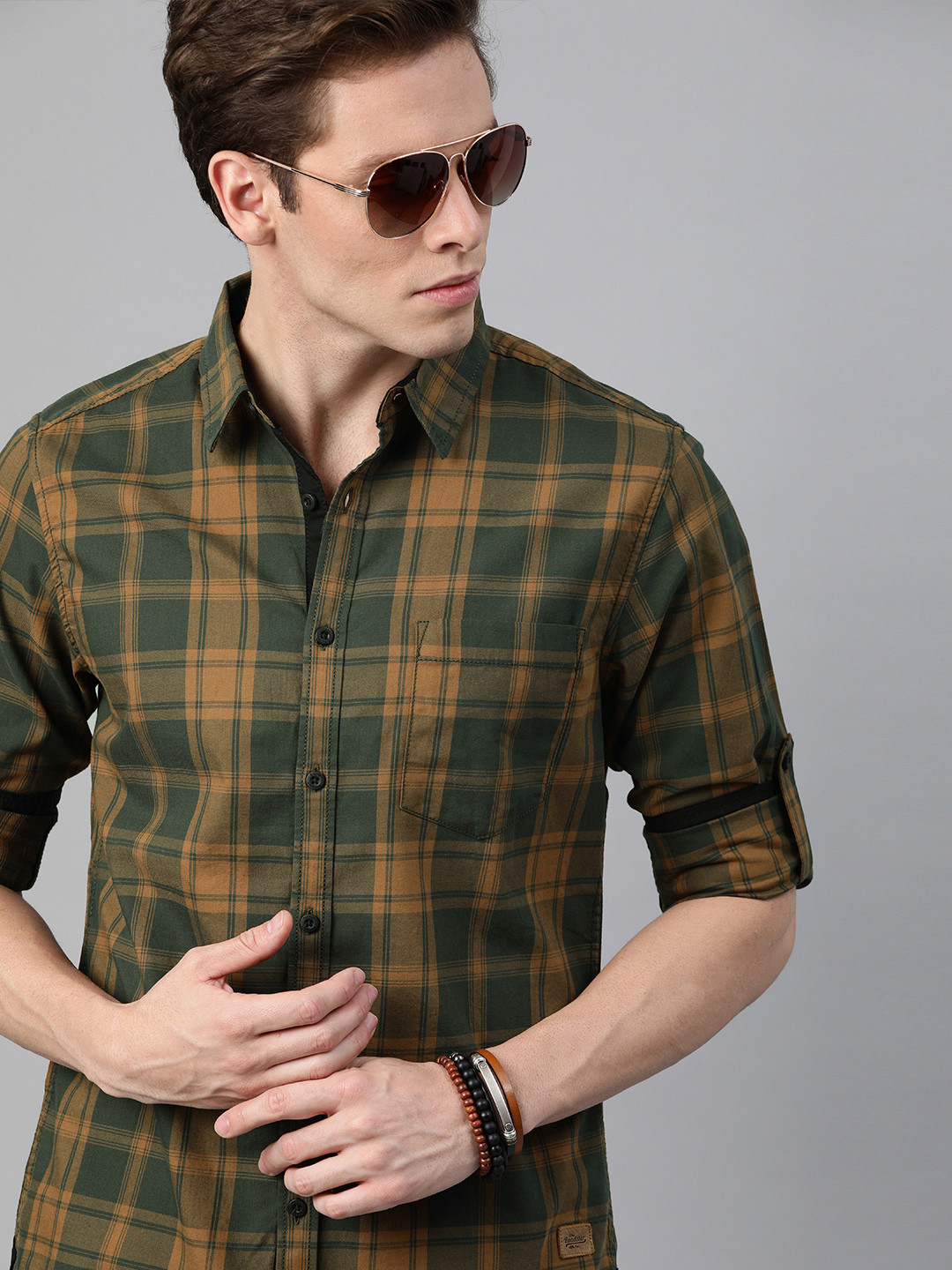 Roadster Men Olive Green & Mustard Yellow Checked  Cotton Casual Shirt
