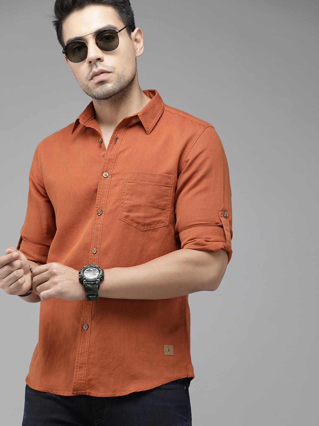 Roadster Men Rust Orange Regular Fit Solid Cotton Linen Casual Shirt