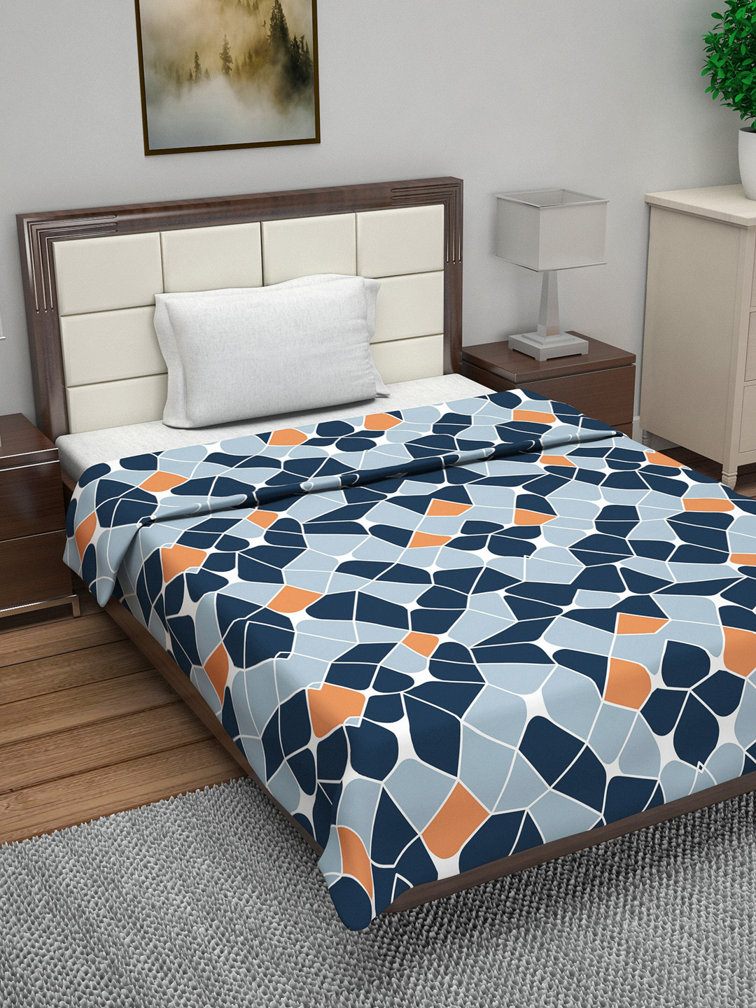 Divine Casa Navy Blue & Mustard Yellow Geometric AC Room 110 GSM Single Bed Dohar