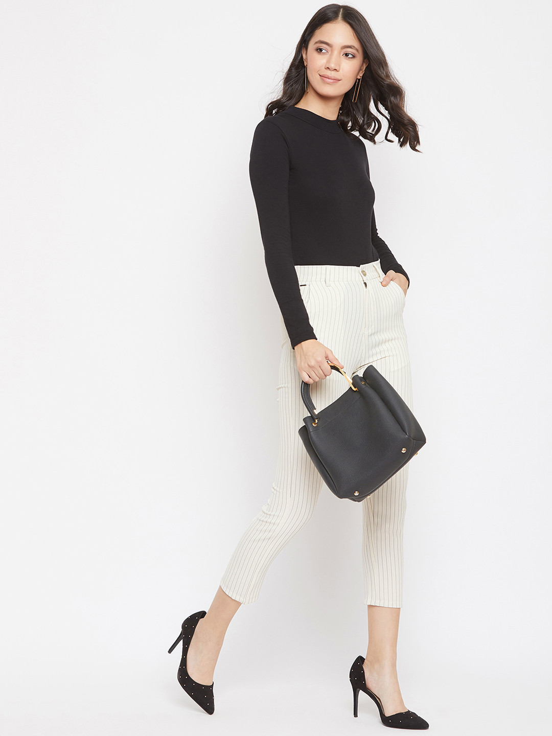Crimsoune Club Women Cream & Black Smart Skinny Fit Striped Formal Trousers