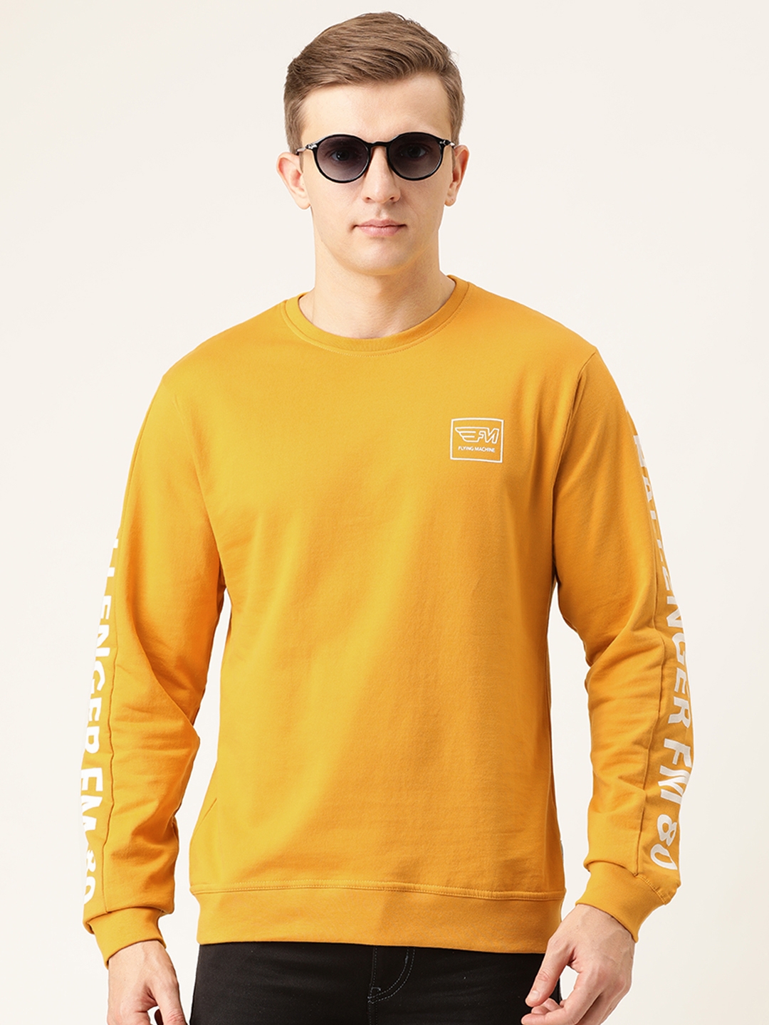 Flying Machine Men Yellow Solid Sweatshirt With Printed Sleeves