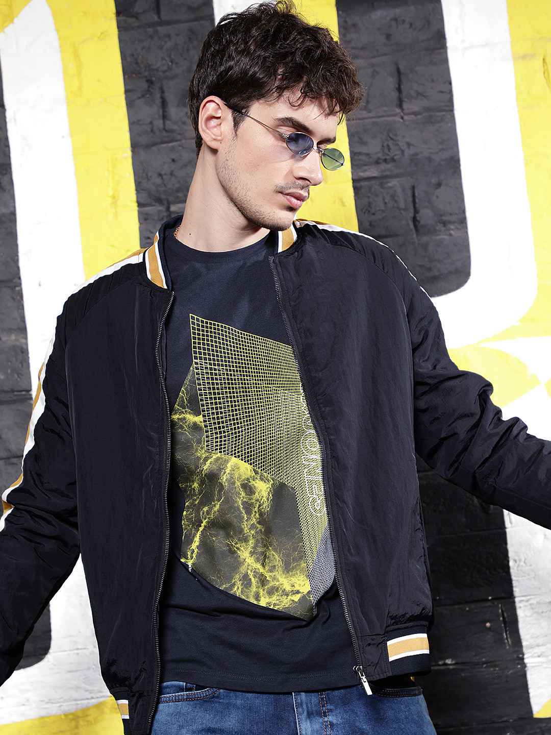 Flying Machine Men Navy Blue Solid Side Striped Bomber Jacket