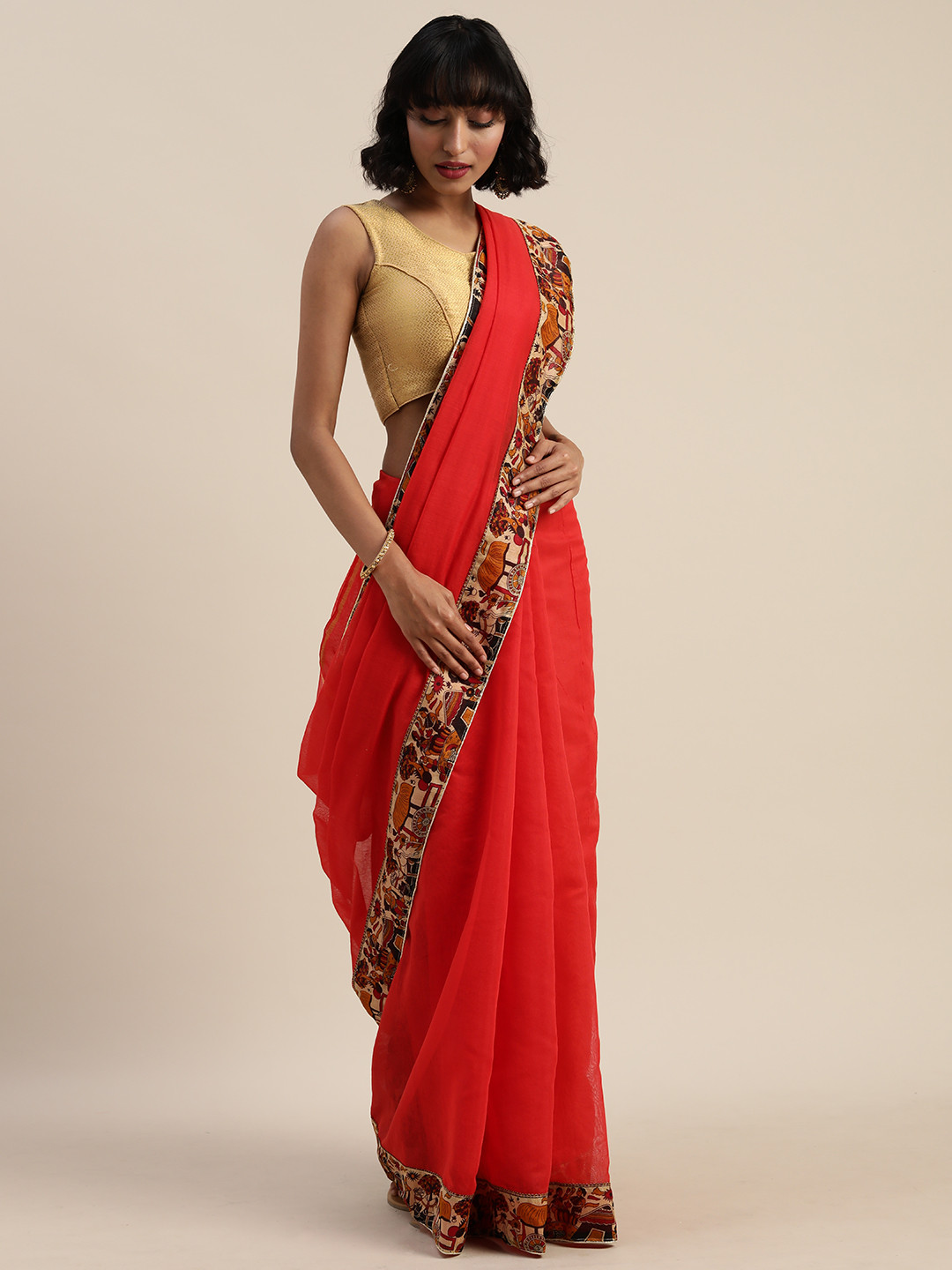 Silk Bazar Red Silk Blend Solid Bhagalpuri Saree