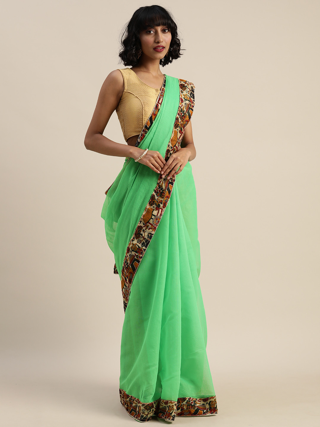 Silk Bazar Green Silk Blend Solid Bhagalpuri Saree