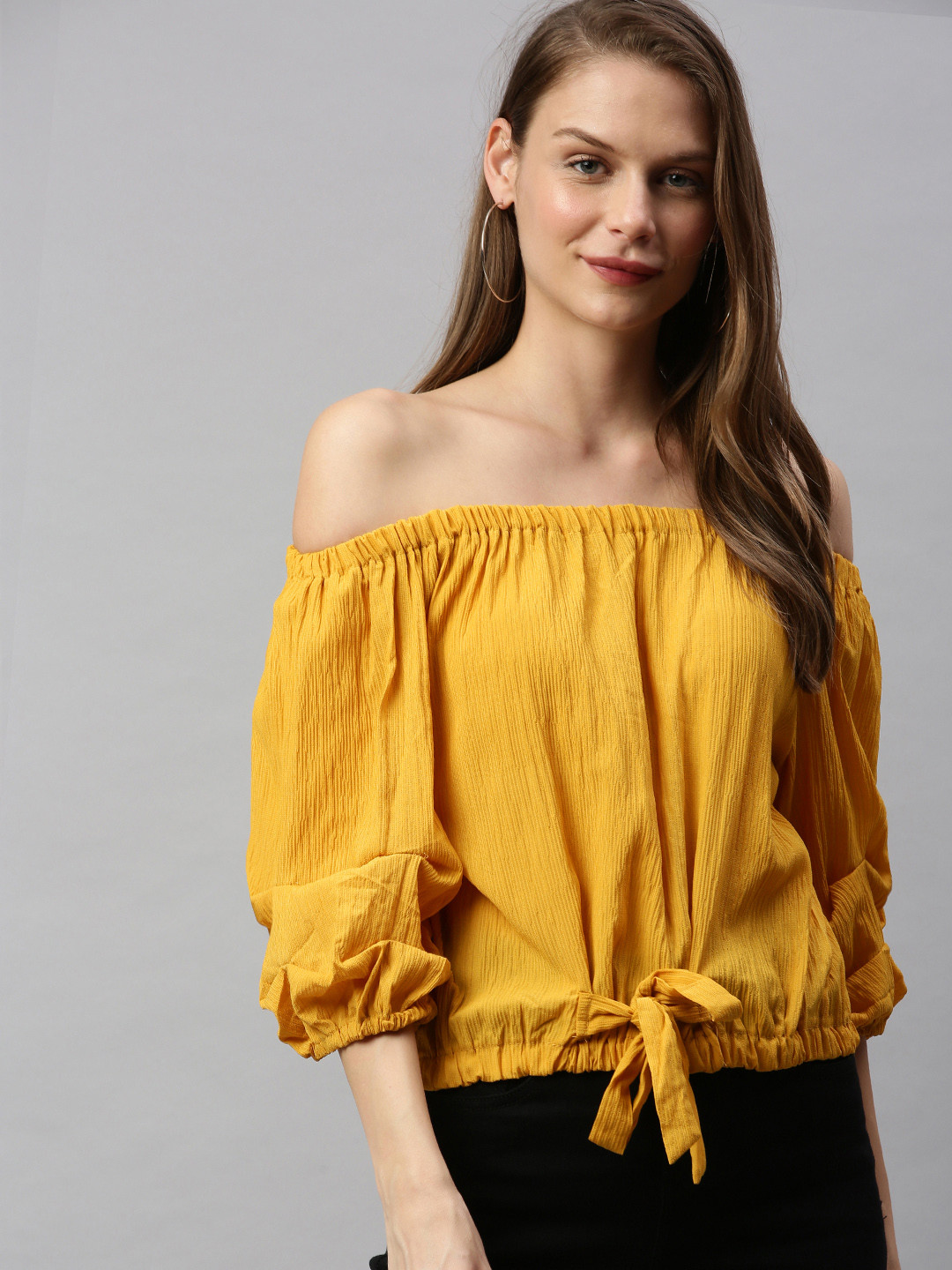 RHHENSO Women Mustard Yellow Solid Vegan Waist Tie-Up Bardot Top