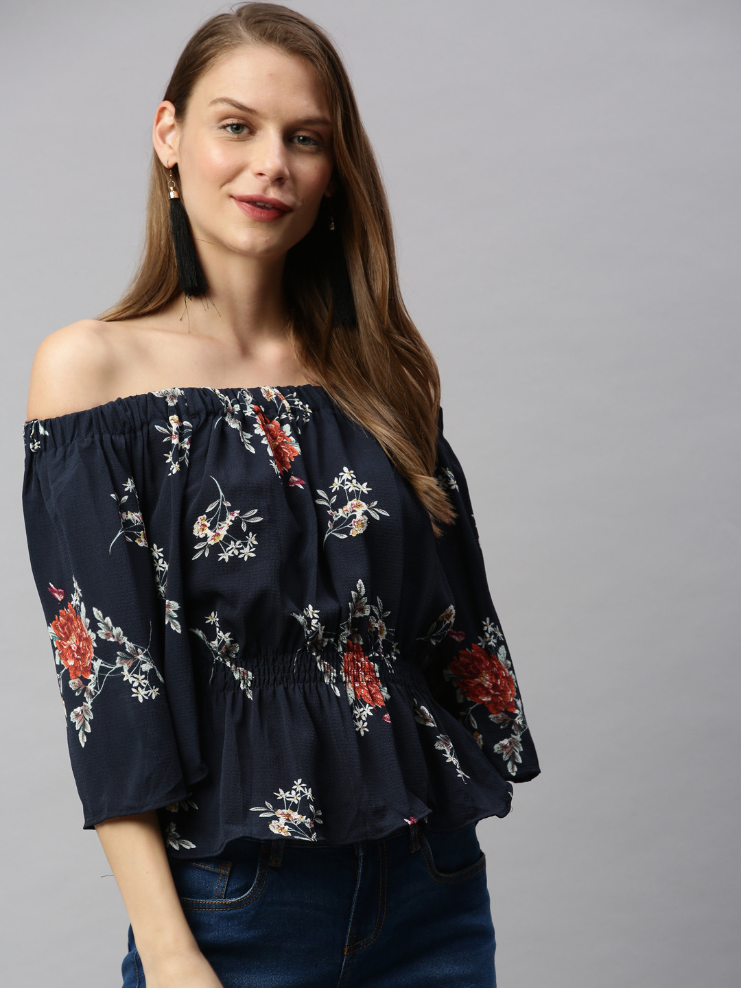 RHHENSO Women Navy Blue & White Floral Printed Vegan Smocked Bardot Top