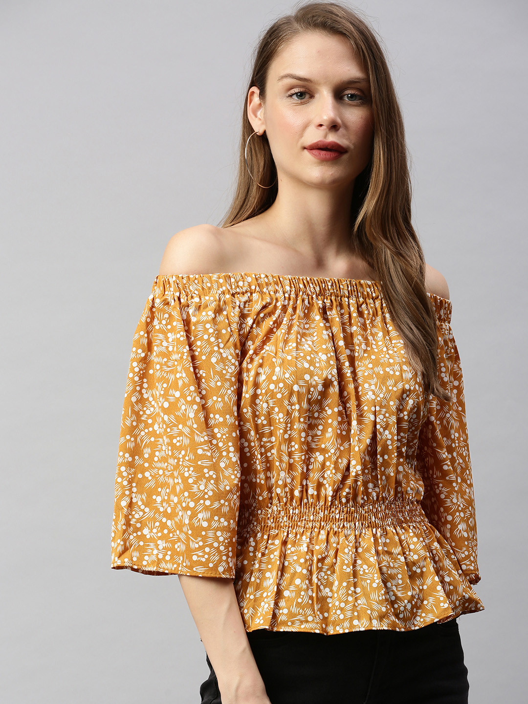 RHHENSO Women Brown & White Printed Cinched Waist Top
