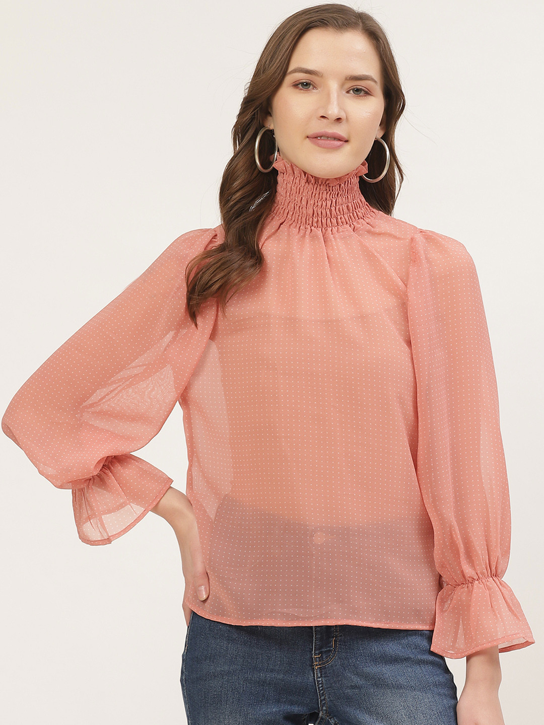 ANVI Be Yourself Women Peach-Coloured & White Semi-Sheer Micro Ditsy Print Top