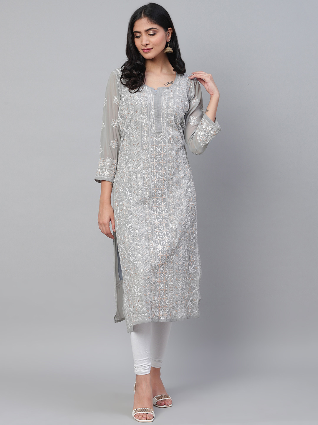 ADA Women Chikankari Hand Embroidered Straight Sustainable Kurta With Slip