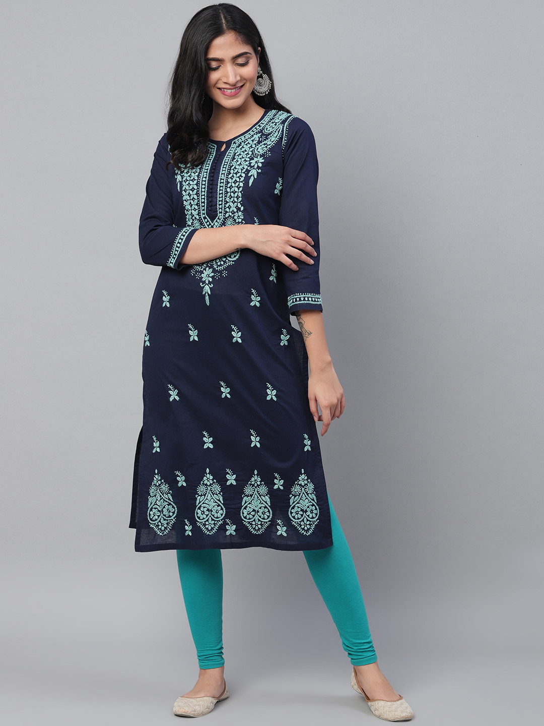 ADA Women Navy Blue Chikankari Hand Embroidered Straight  Handloom Kurta