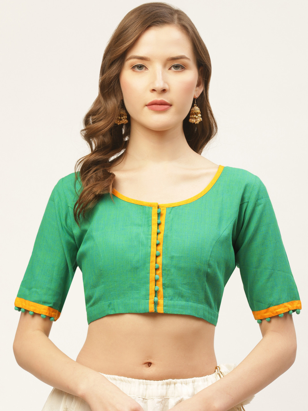tantkatha Women Green & Yellow Solid Saree Blouse