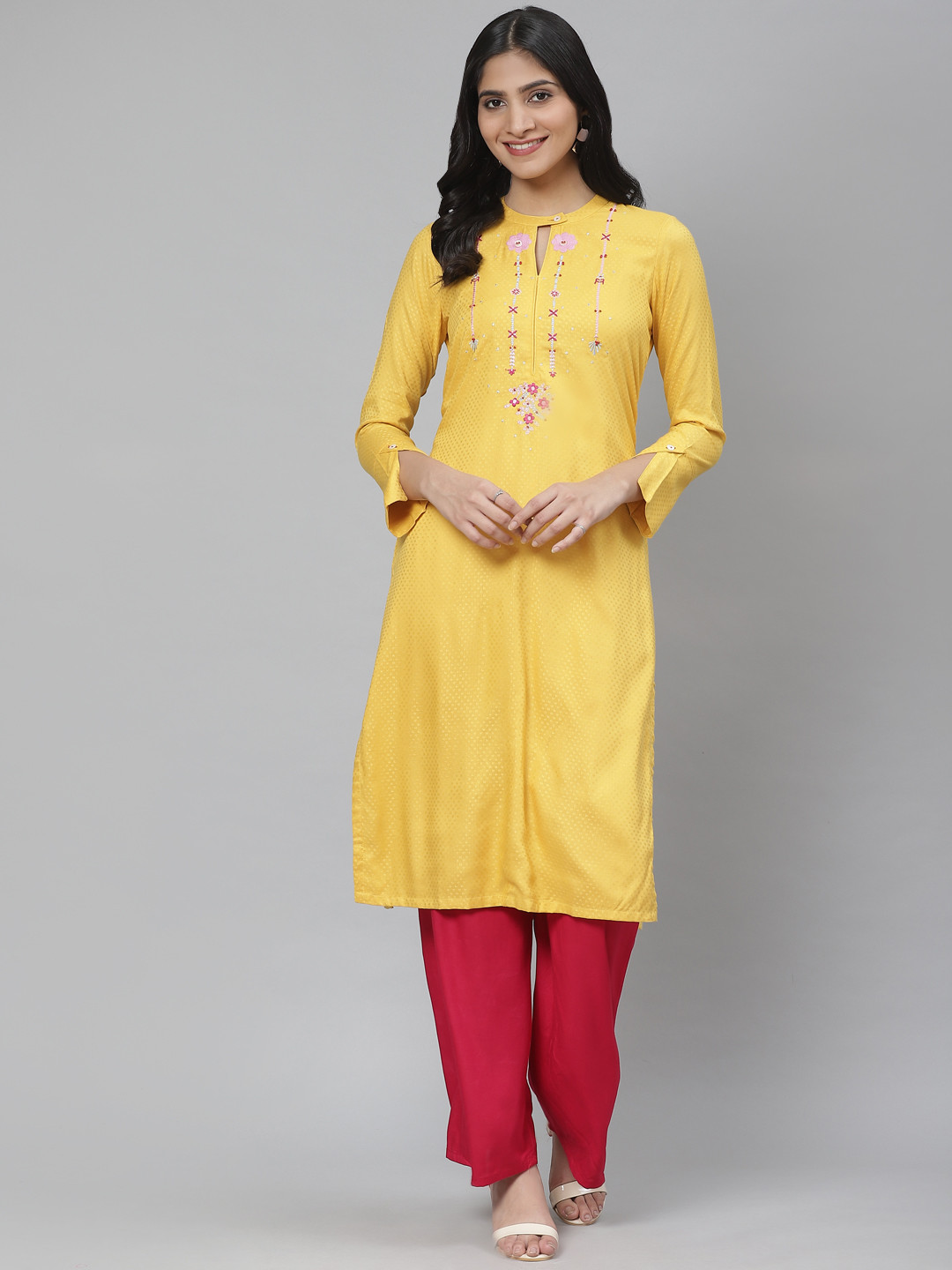 Rangriti Women Yellow Floral Embroidered Detail Woven Design Straight Kurta