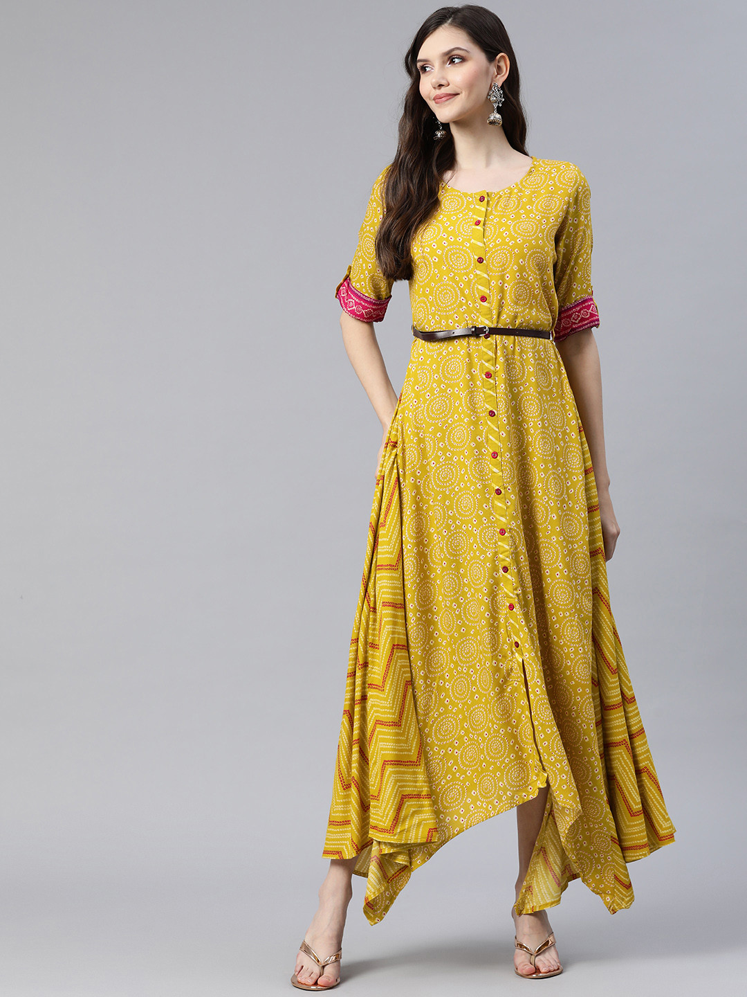 Rangriti  Women Bandhini Printed Ethnic Maxi Dress with Belt