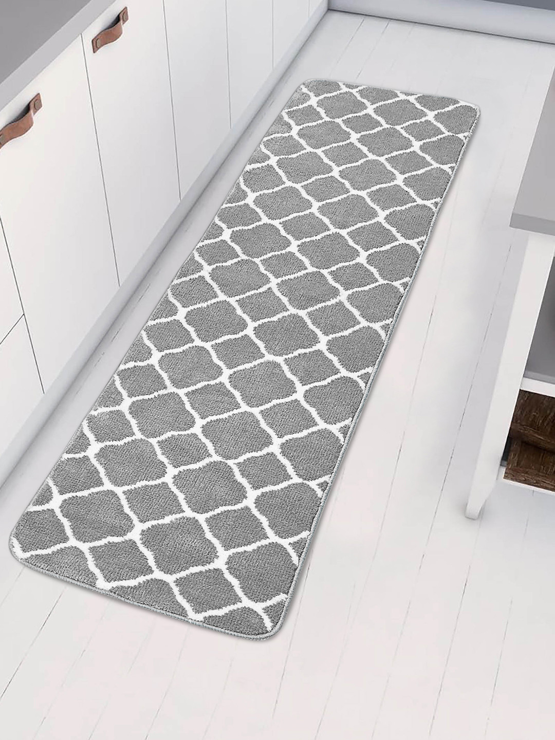 Saral Home Grey & White Trellis Design Anti-Skid Floor Runner