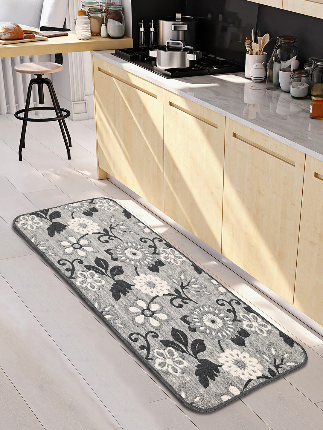 Saral Home Grey & Black Floral Tufted Jacquard Anti-Skid Floor Runner