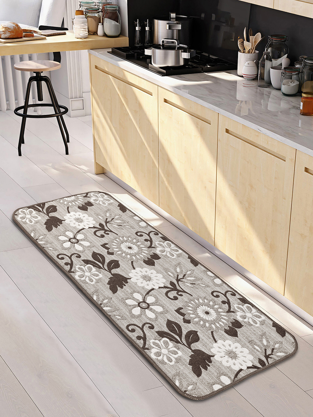 Saral Home Brown & Beige Floral Tufted Shaggy Anti-Skid Floor Runner