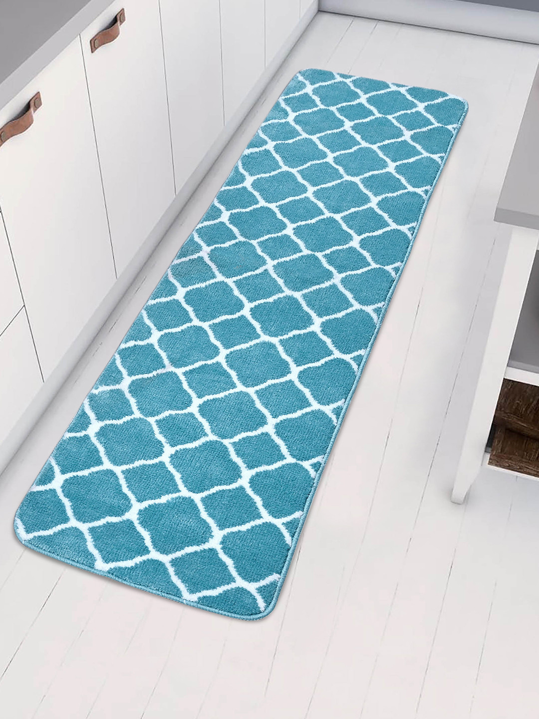 Saral Home Teal Blue & White Trellis Design Anti-Skid Floor Runner