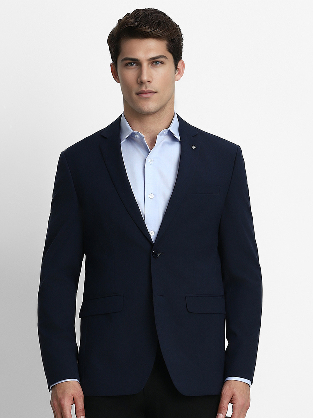 Louis Philippe Permapress Men Blue Solid Slim-Fit Single-Breasted Formal Blazer