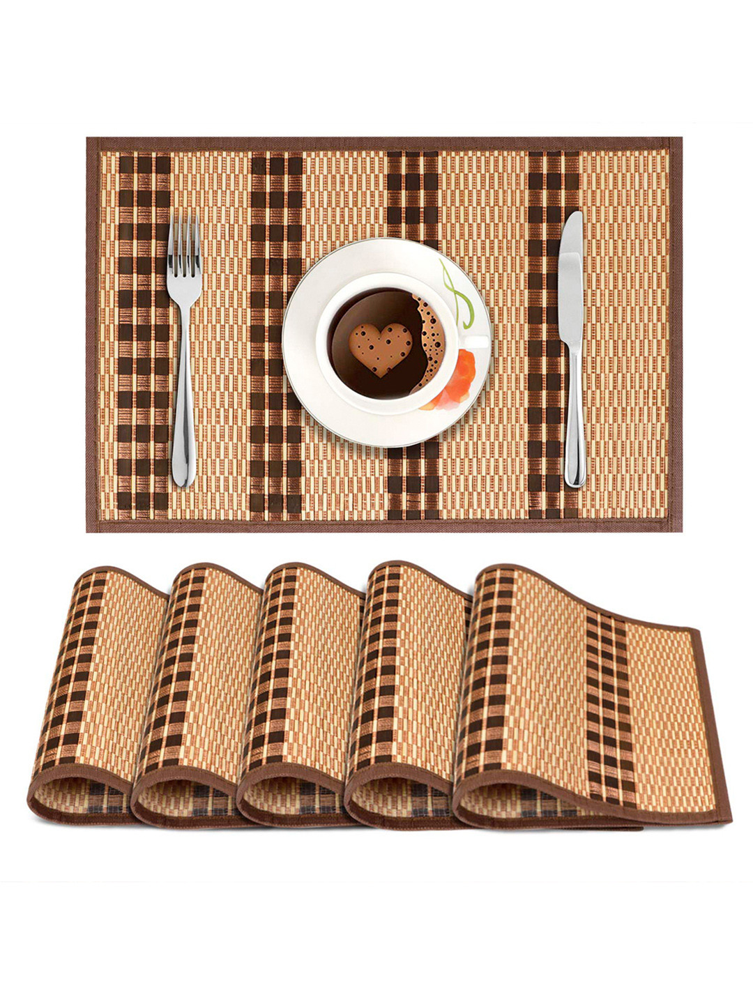 HOKIPO Set Of 6 Brown & Beige Heat Resistant Wooden Table Placemats