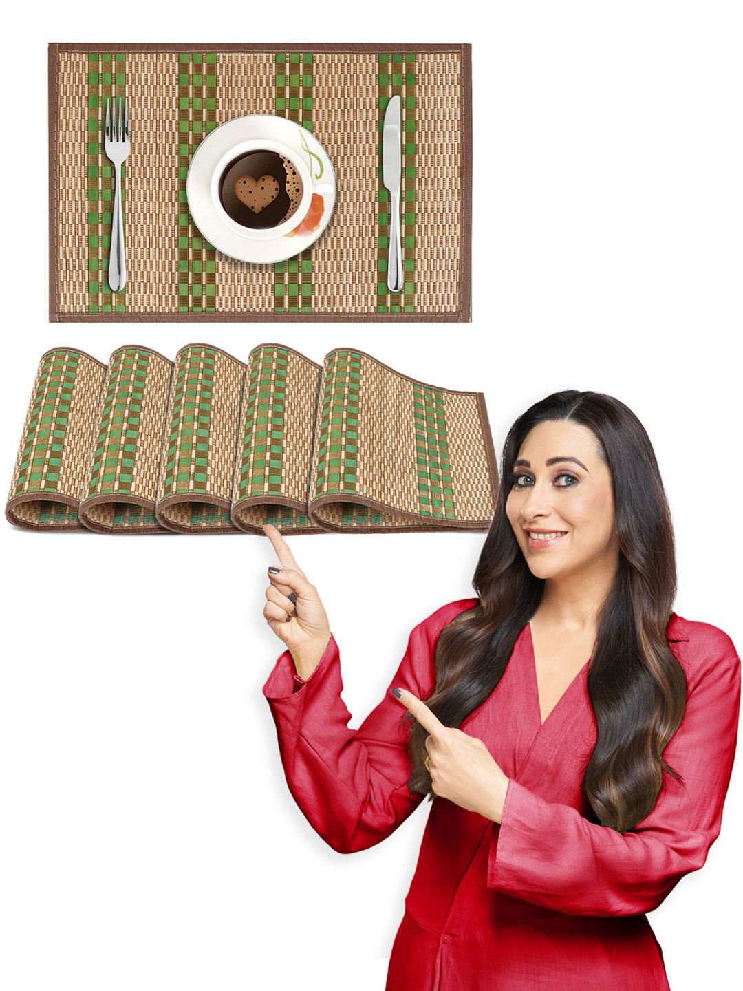 HOKIPO Set Of 6 Green & Brown Striped Heat Resistant Wooden Table Placemats