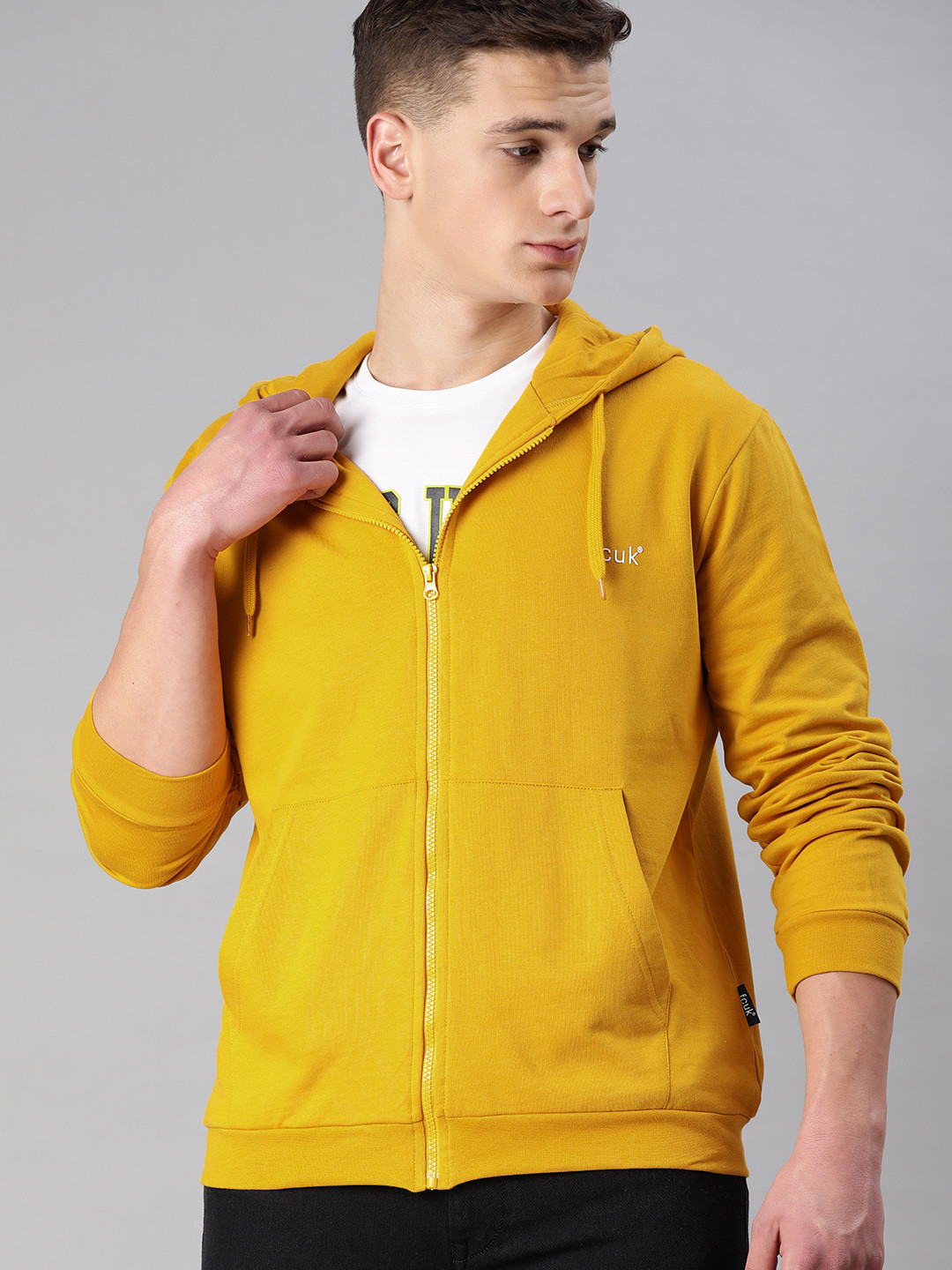 French Connection Men Mustard Yellow Solid Hooded Sweatshirt