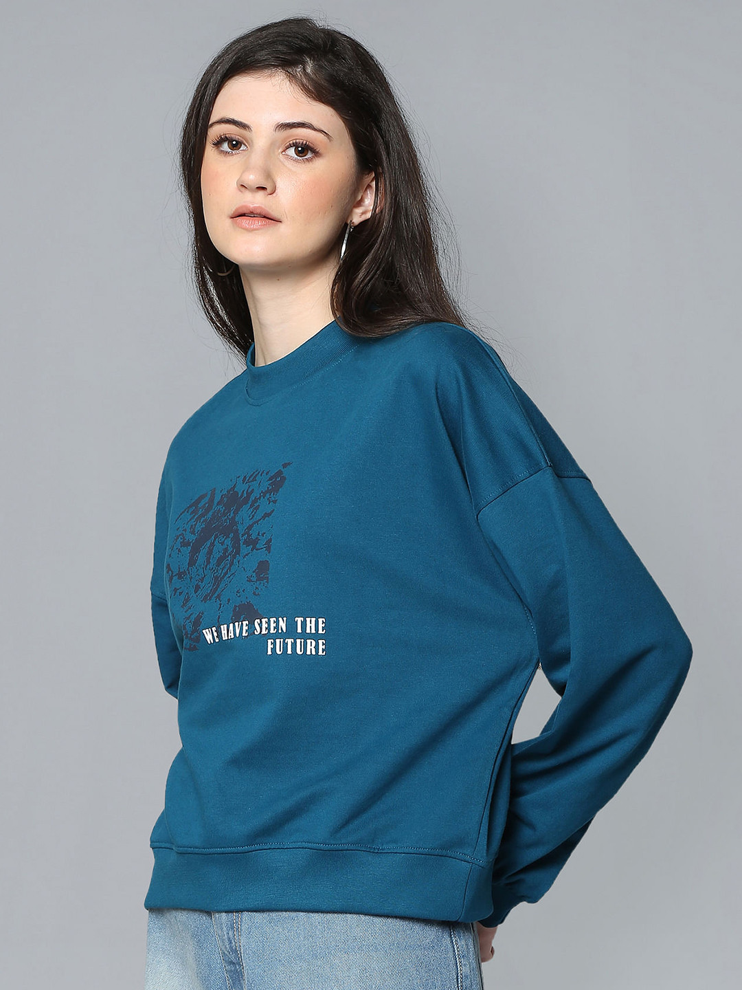 Flying Machine Women Teal Blue Printed Sweatshirt