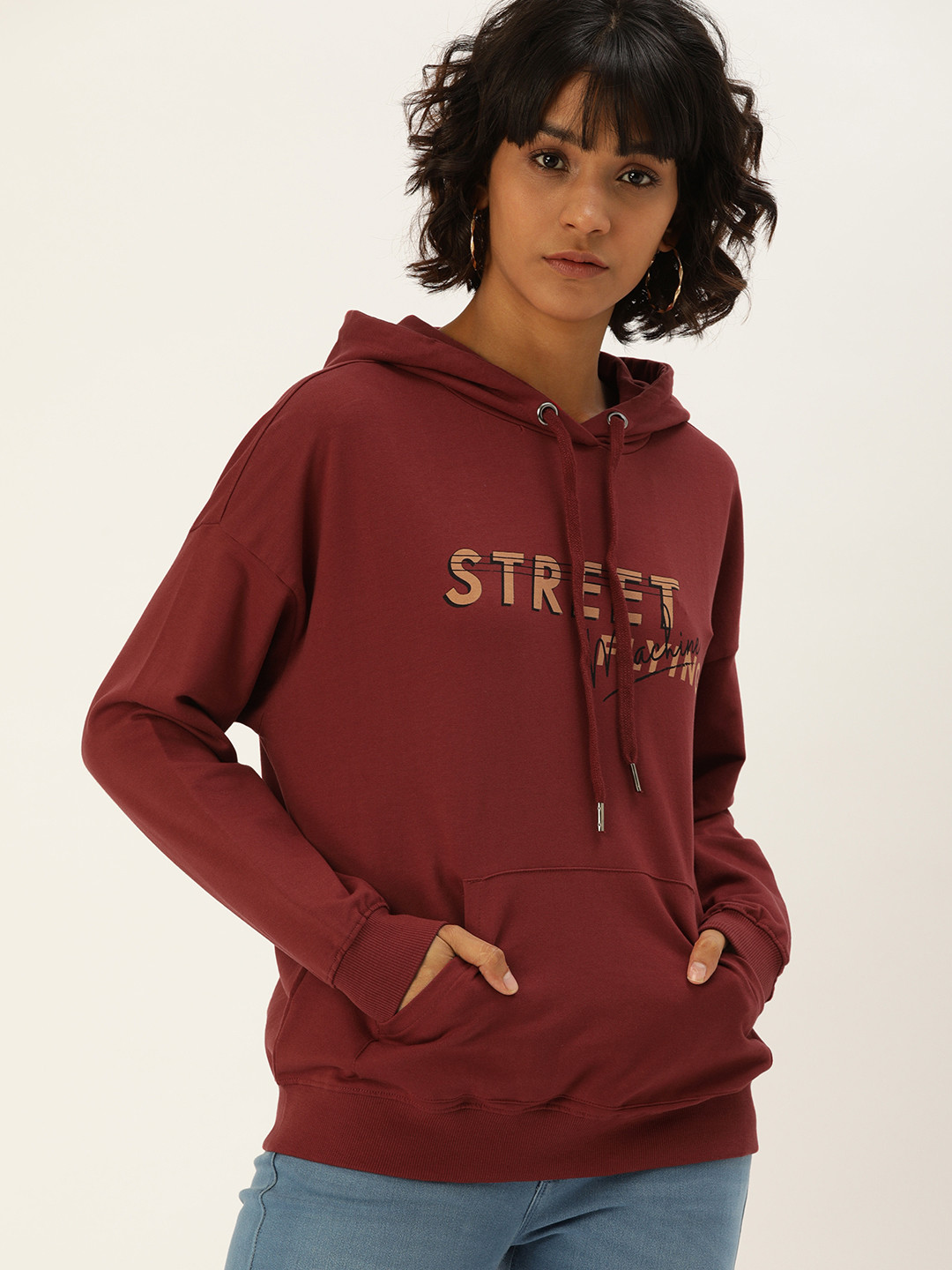 Flying Machine Women Maroon Printed Hooded Sweatshirt