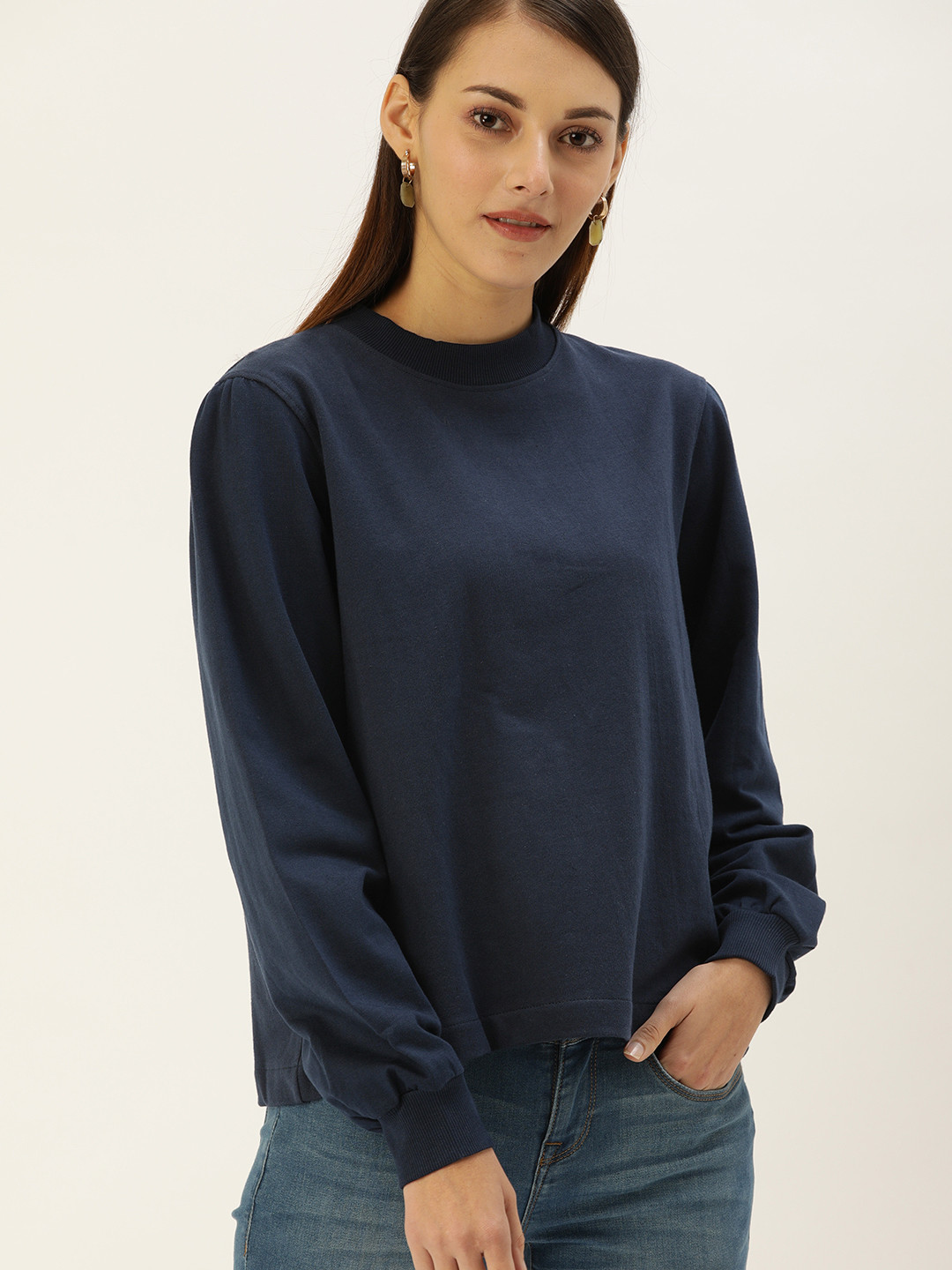 Flying Machine Women Navy Blue Solid Sweatshirt