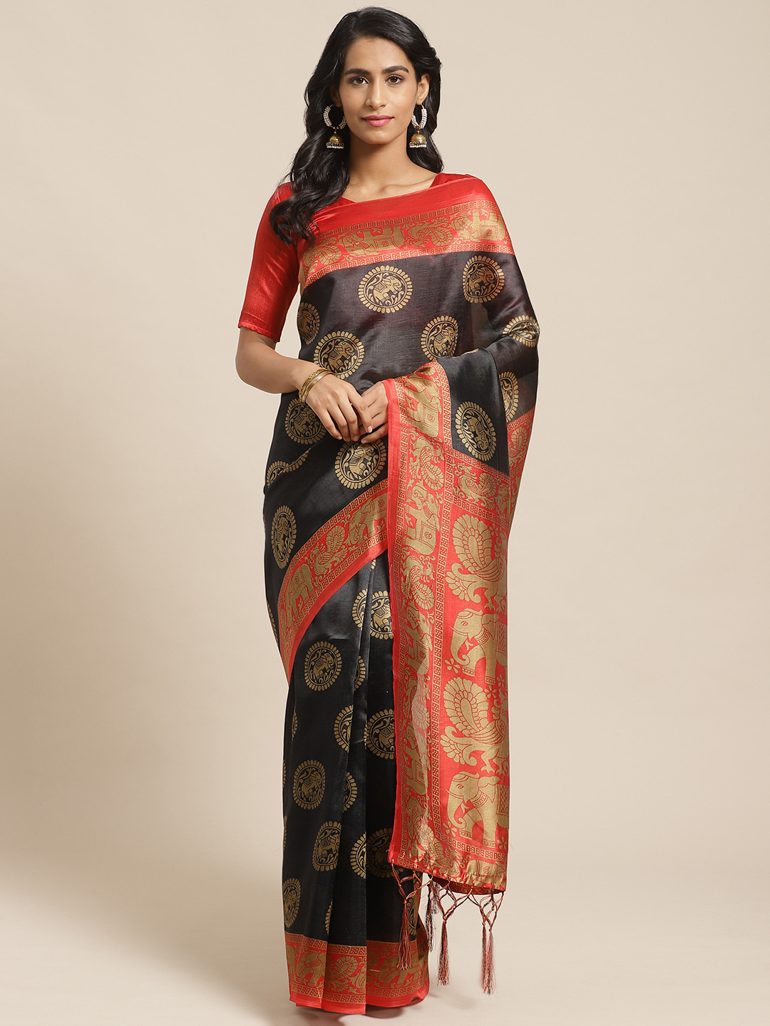 Saree mall Black & Beige Art Silk Printed Bhagalpuri Saree
