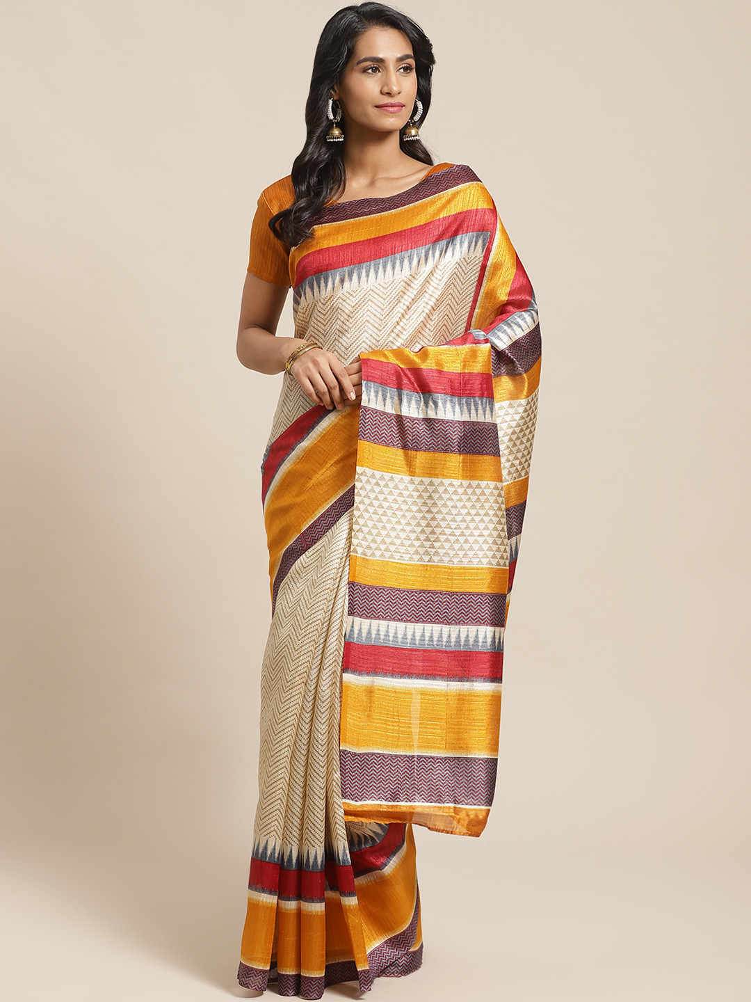 Saree mall Cream-Coloured & Olive Green Chevron Print Bhagalpuri Saree