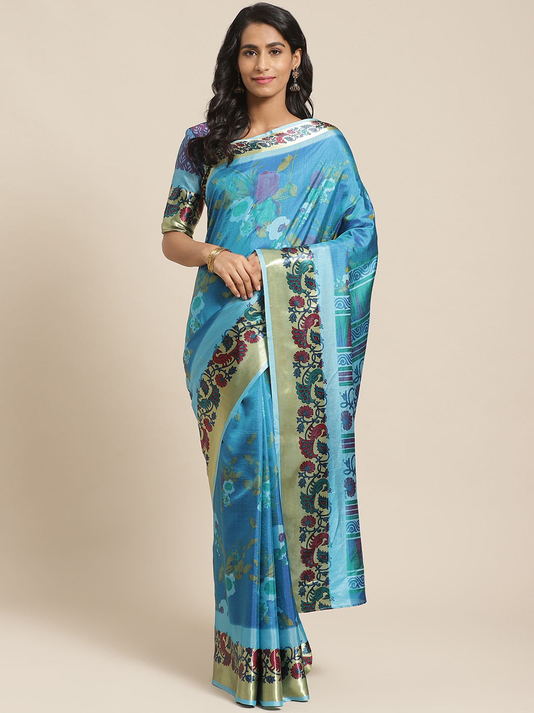 Saree mall Blue & Purple Floral Print Saree