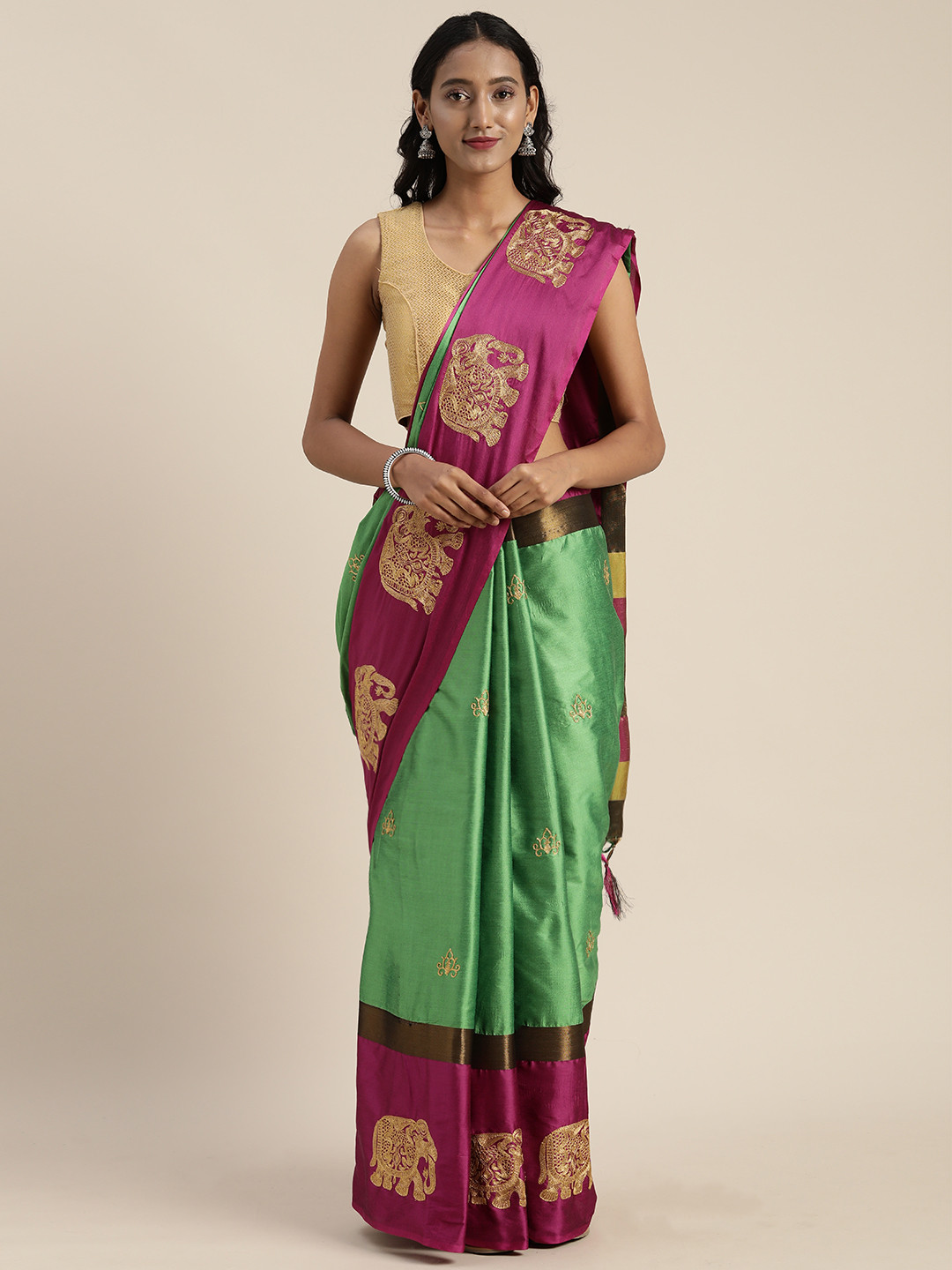 KALINI Green & Pink Silk Cotton Embroidered Saree