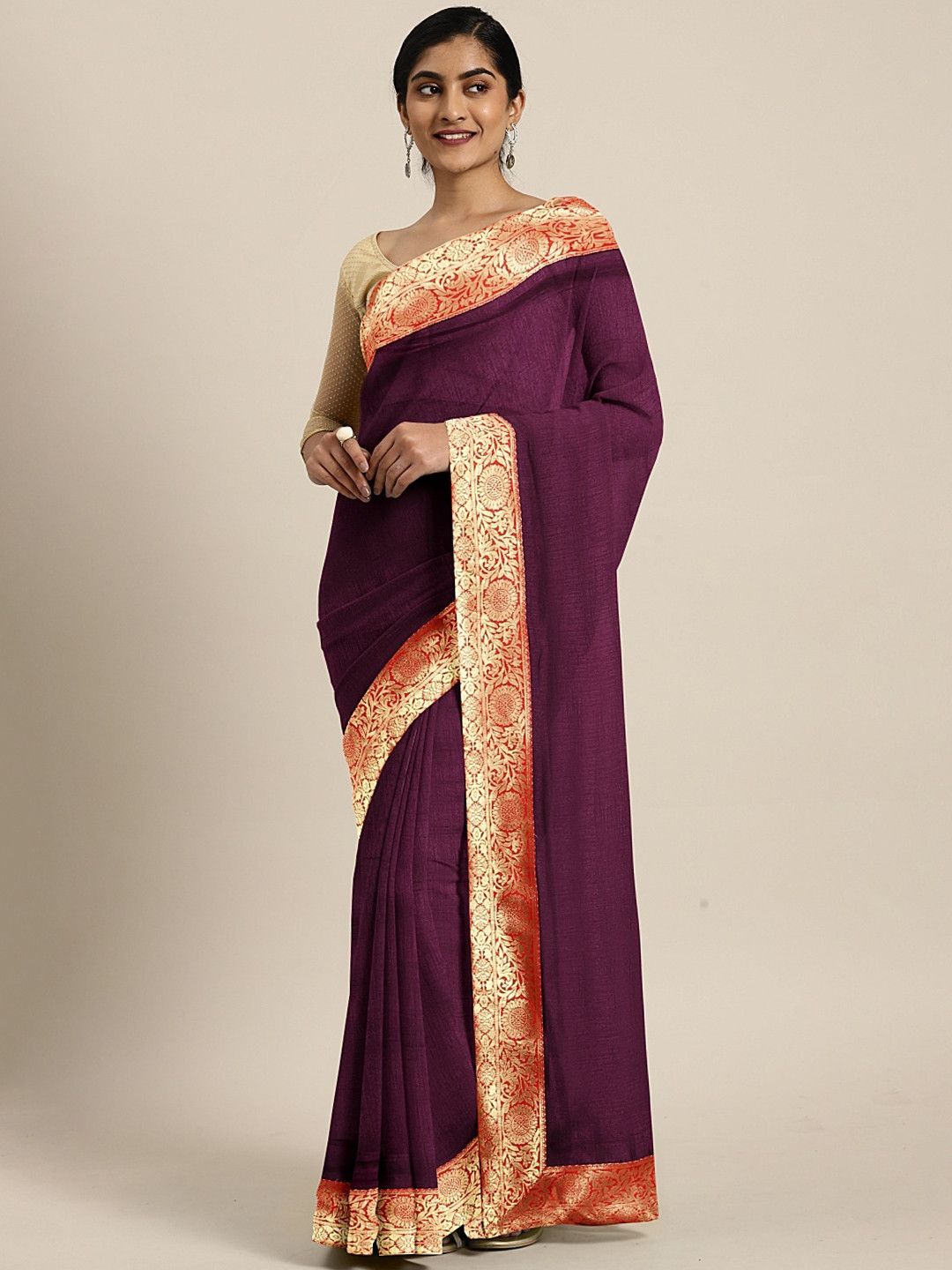 Mitera Magenta & Red Poly Georgette Solid Saree