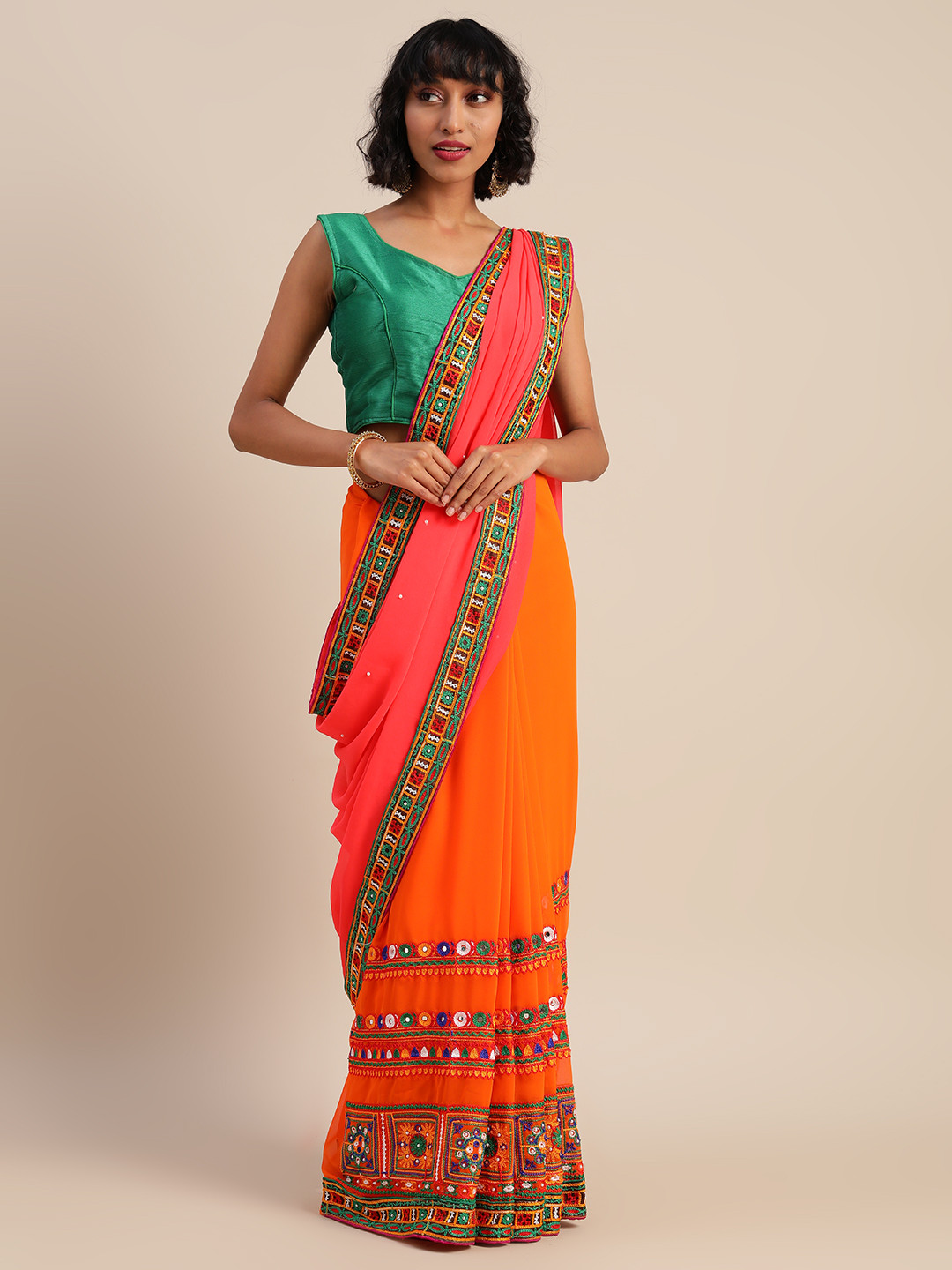 Mitera Orange & Pink Pure Georgette Embroidered Saree
