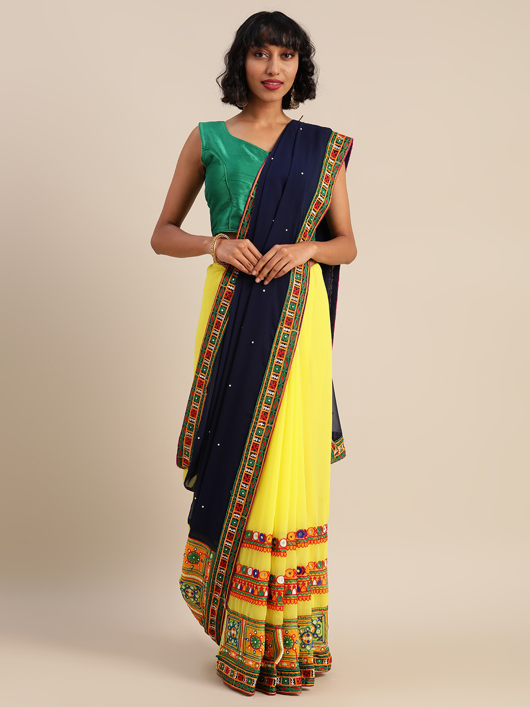 Mitera Blue & Navy Blue Pure Georgette Embroidered Saree