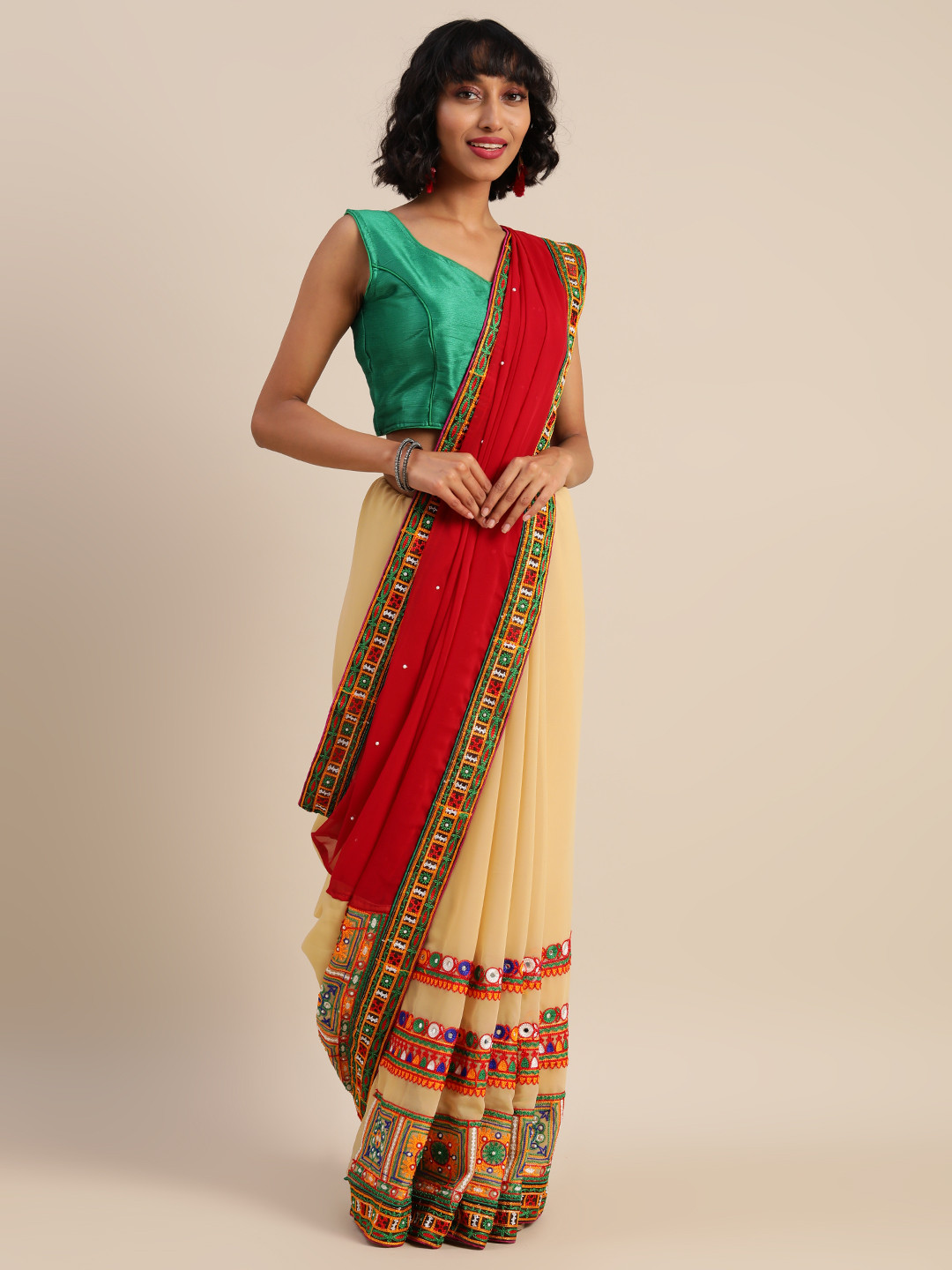 Mitera Maroon & Cream-Coloured Pure Georgette Embroidered Half & Half Saree